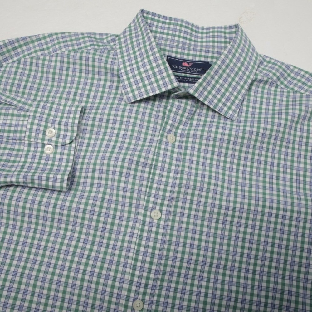 Vineyard Vines Burgee Shirt Mens XL Green Blue Gingham Classic Fit Stretch LS